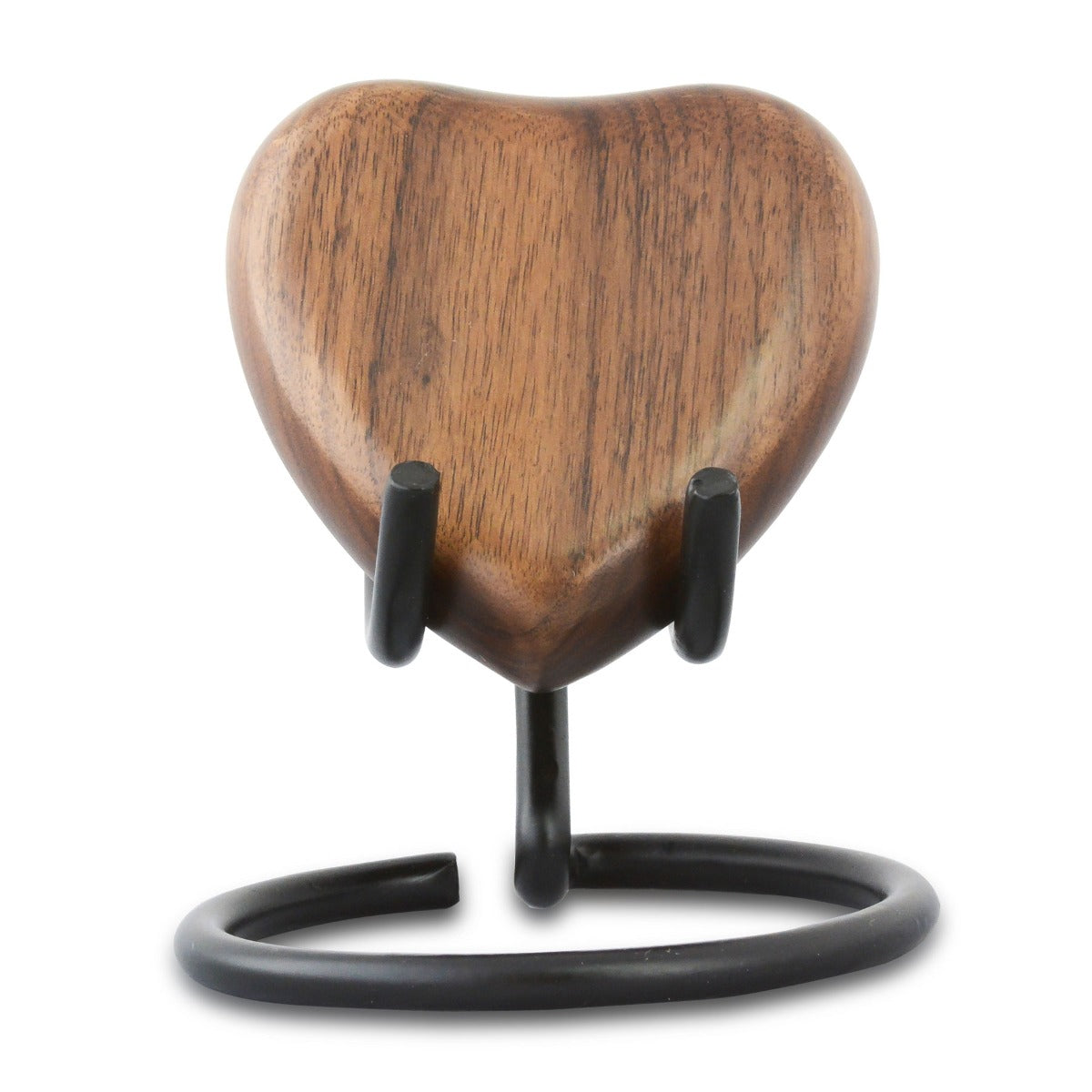 Heart-shaped keepsake urn in dark stained wood with a smooth polished surface