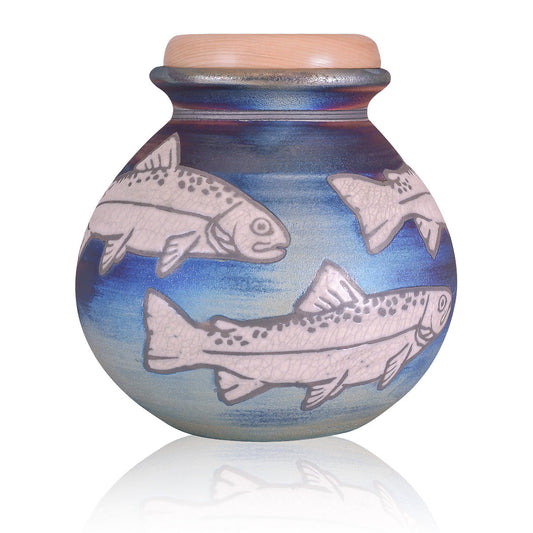 Raku ceramic cremation urn with a swirling river-pattern glaze and fine crackled surface