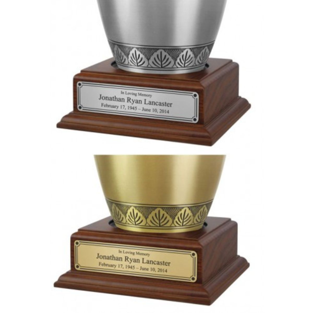 Rectangular wooden urn base with a flat top and a blank engraving panel on the front