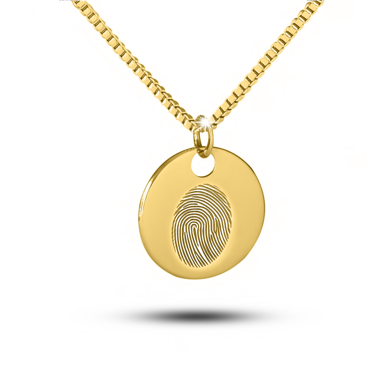Plain round 10K gold disc pendant on a fine chain, smooth unengraved face