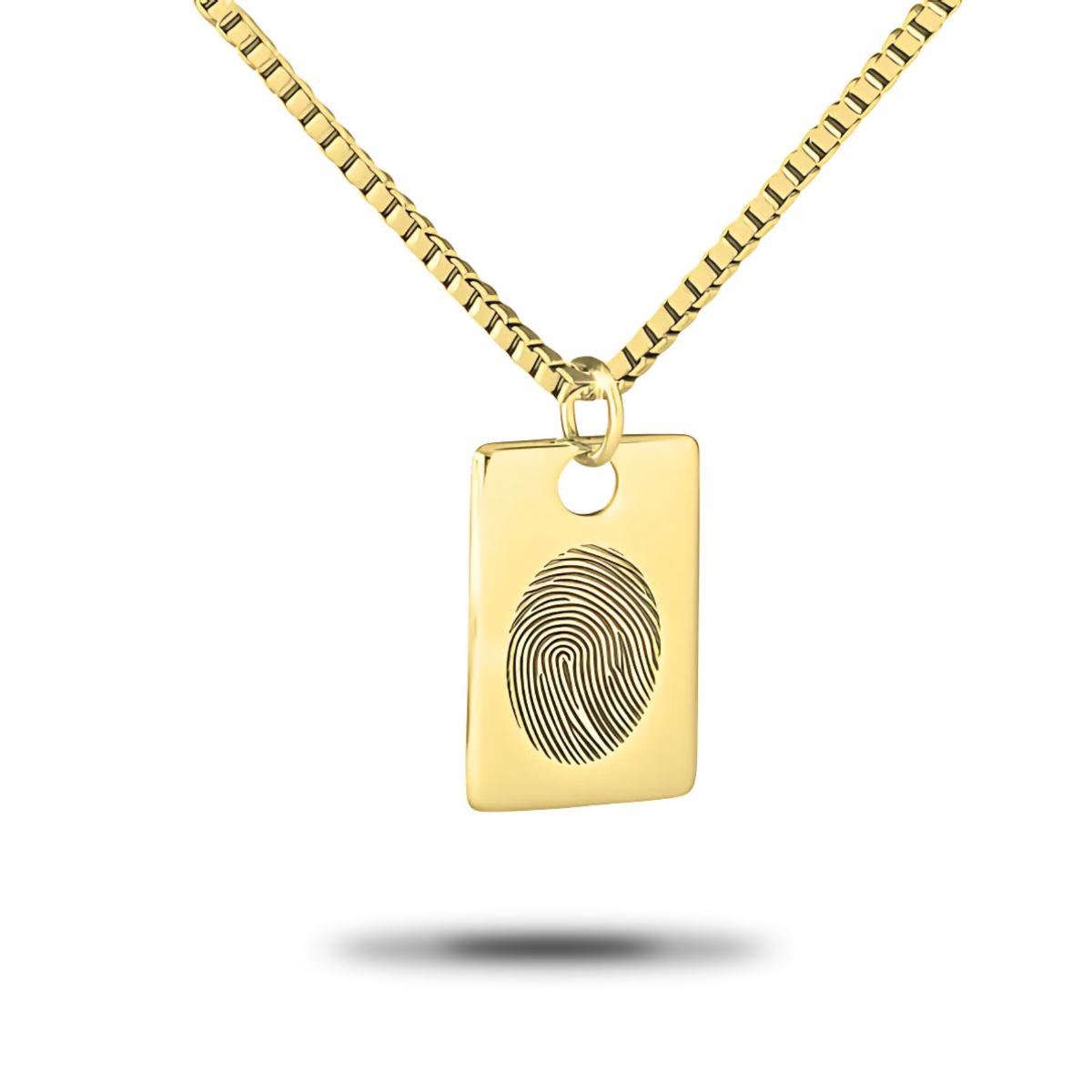 Gold-finished steel dog tag pendant with rounded corners on a chain, flat plain face