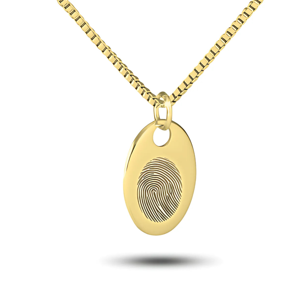 Oval gold pendant with a fingerprint pattern reproduced across its polished face