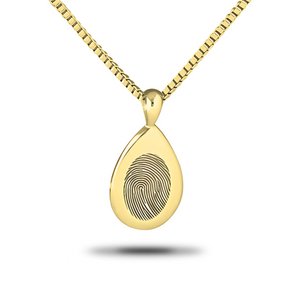 Polished gold teardrop pendant on a fine chain, smooth front with no engraving