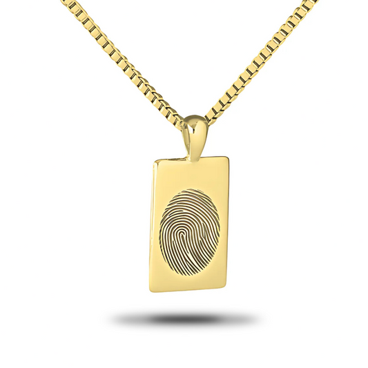 Gold dog tag pendant in a military tag shape on a chain, plain polished front