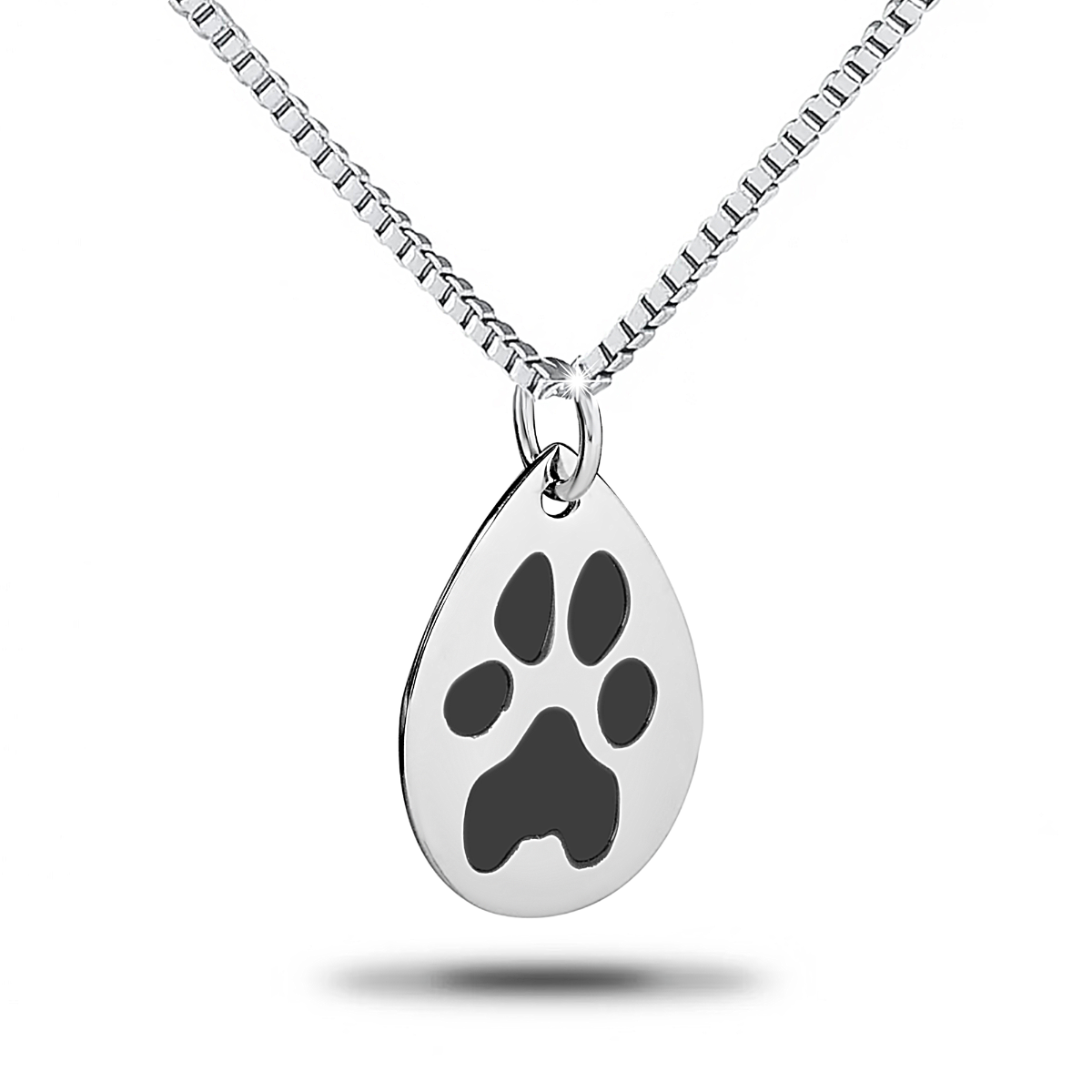 Teardrop-shaped steel pendant with an engraved paw print and a chain loop at the top