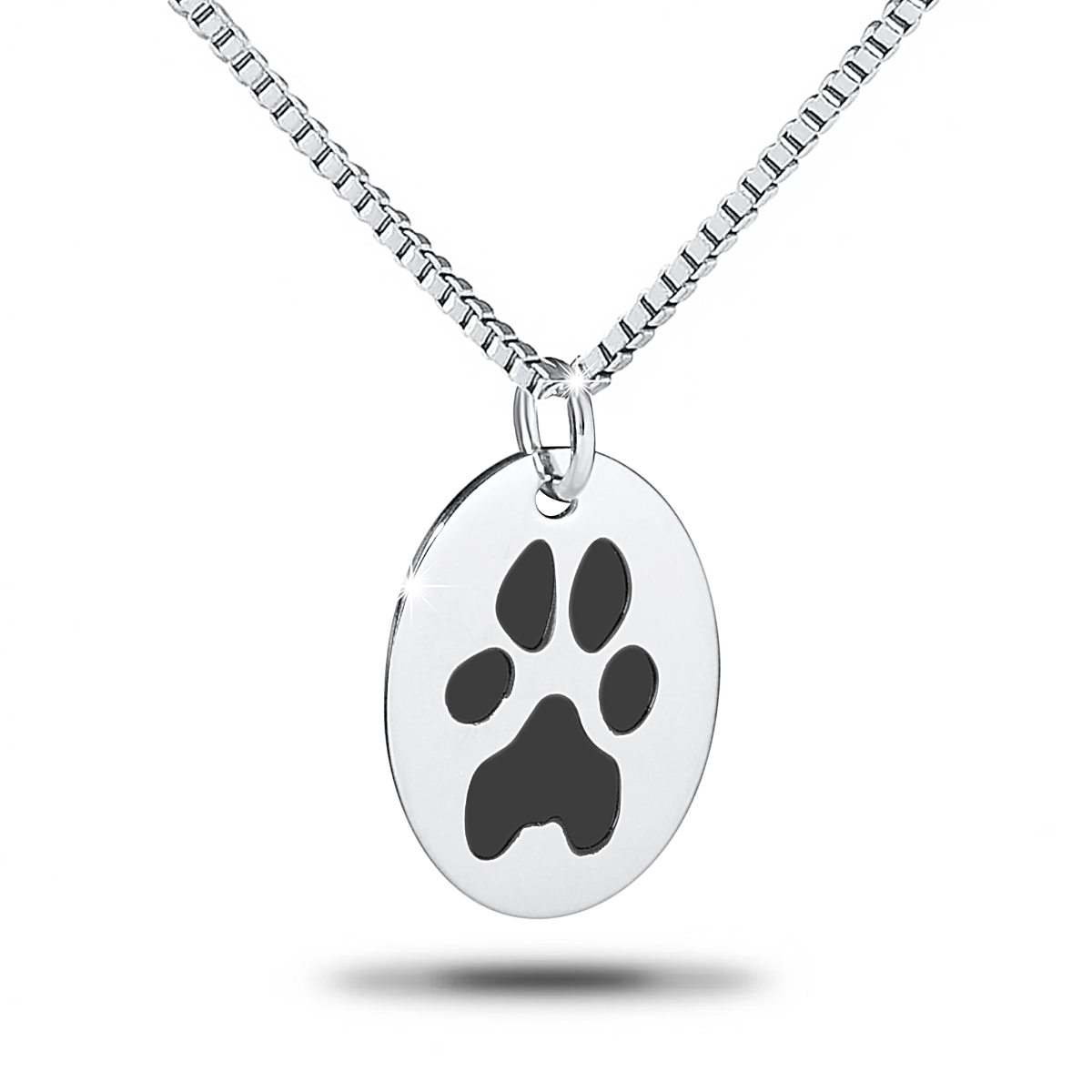 Oval stainless steel pendant engraved with a dog paw print, hung on a chain