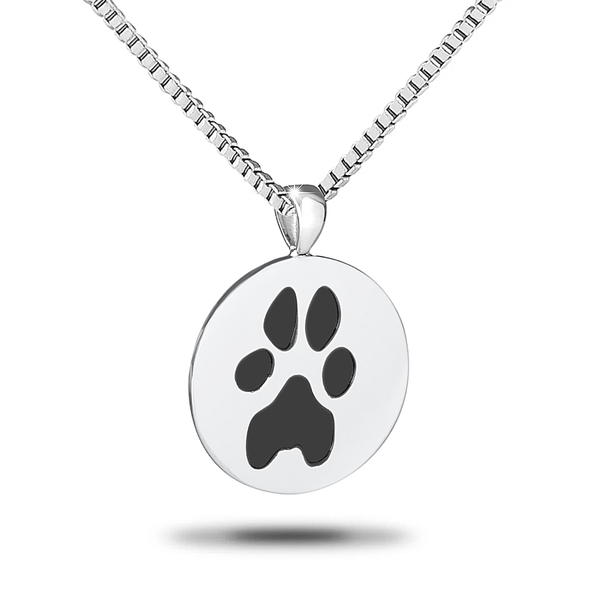 Circular brushed steel pet pendant showing an engraved paw print and a small bail