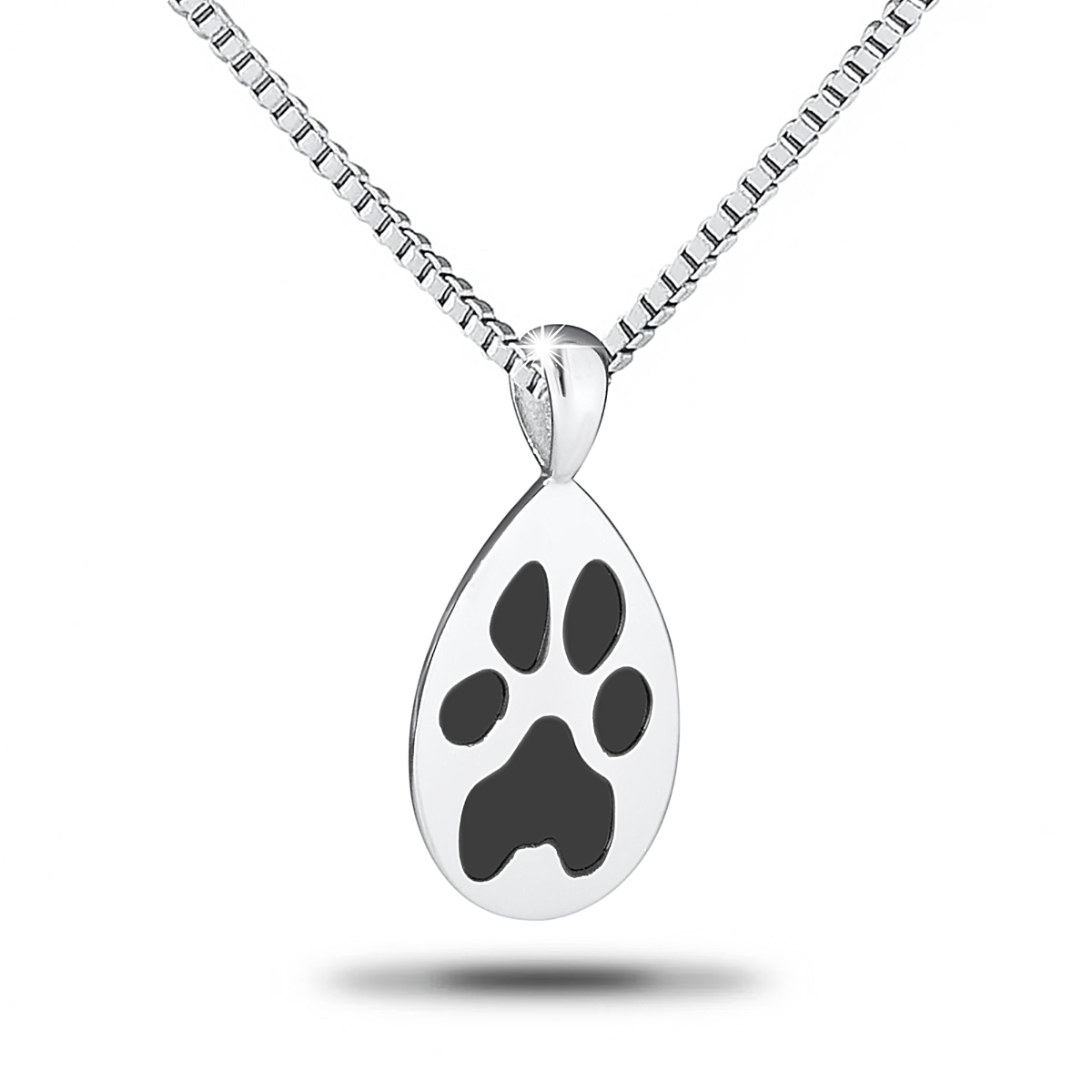 Steel teardrop pendant engraved with a cat paw print, tapering to a point at the base