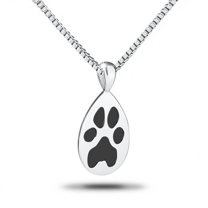 Steel teardrop pendant engraved with a cat paw print, tapering to a point at the base
