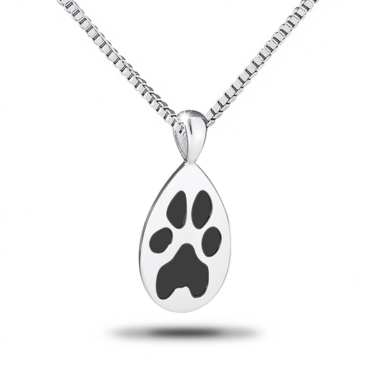 Steel teardrop pendant engraved with a cat paw print, tapering to a point at the base