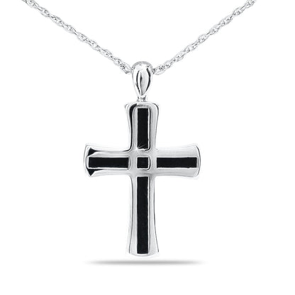 Stainless steel cross pendant with woven chain-link texture across the brushed front face