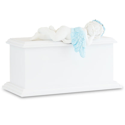 Blue wooden infant urn with a sleeping angel lying across the smooth lid