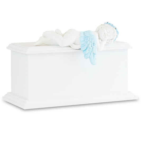 Blue wooden infant urn with a sleeping angel lying across the smooth lid