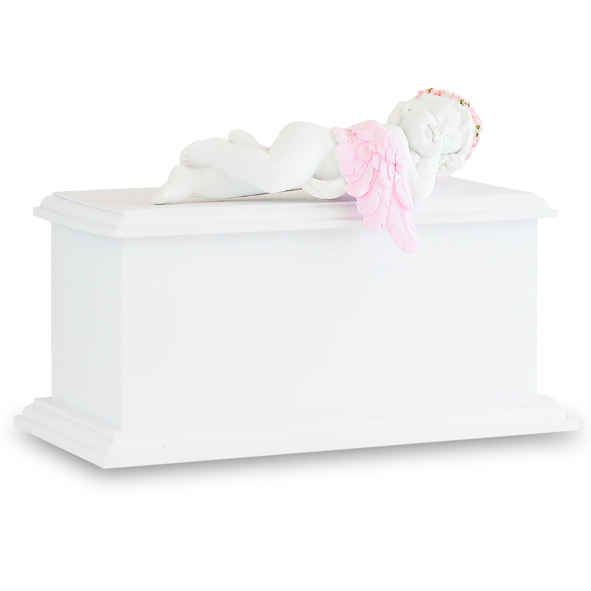 Pink wooden infant urn with a carved sleeping angel figure resting on the lid