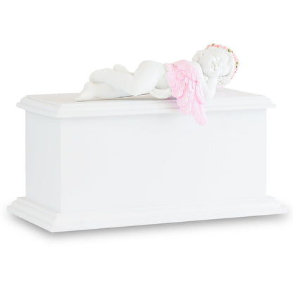 Pink wooden infant urn with a carved sleeping angel figure resting on the lid