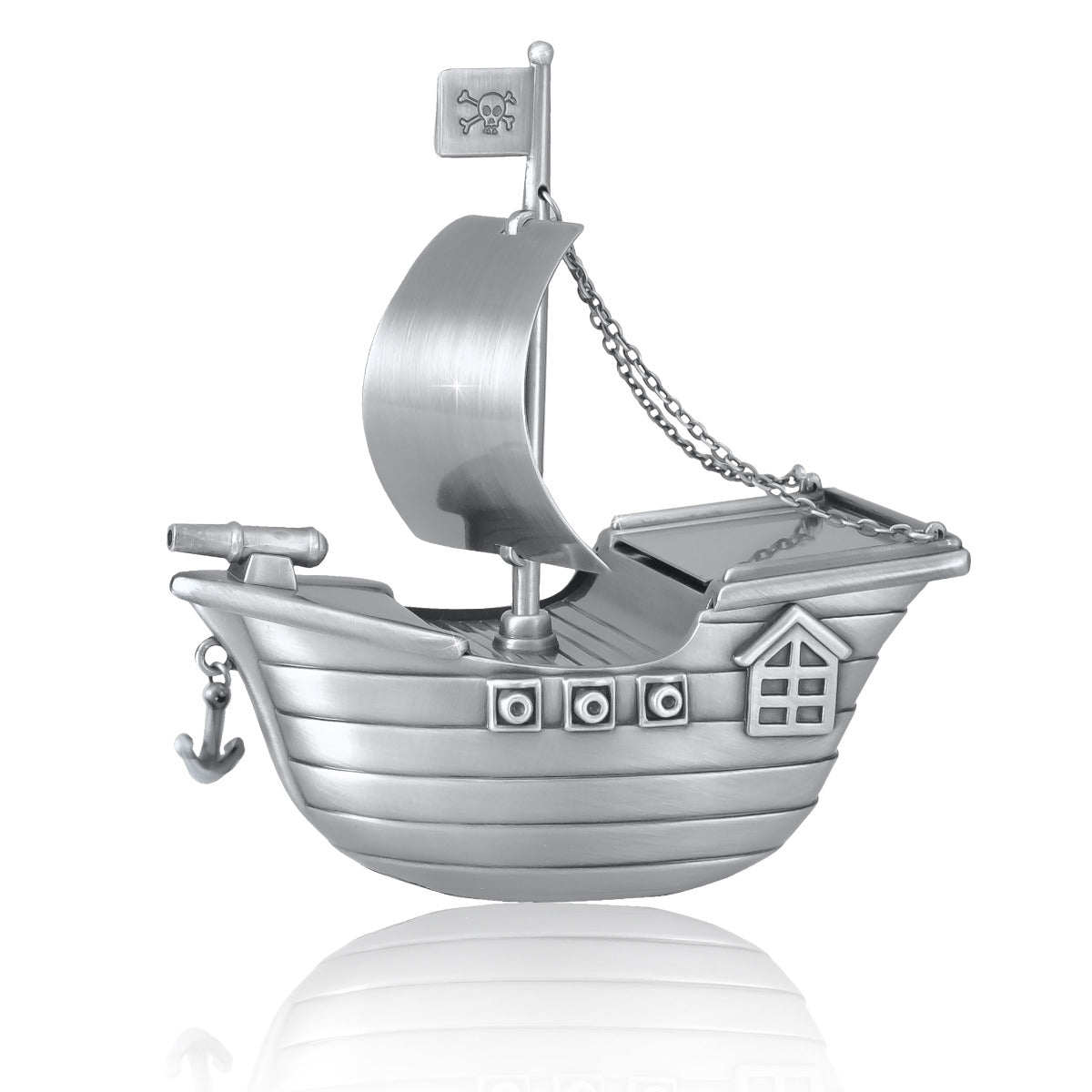 Brass keepsake urn shaped like a sailing ship, wide and low, in a warm gold finish