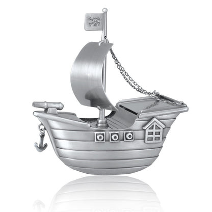 Brass keepsake urn shaped like a sailing ship, wide and low, in a warm gold finish
