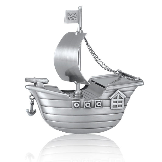 Brass keepsake urn shaped like a sailing ship, wide and low, in a warm gold finish