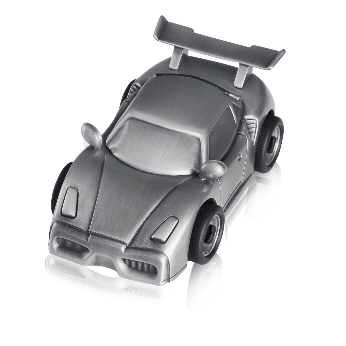 Pewter infant urn shaped as a small racing car with a matte silver-grey finish