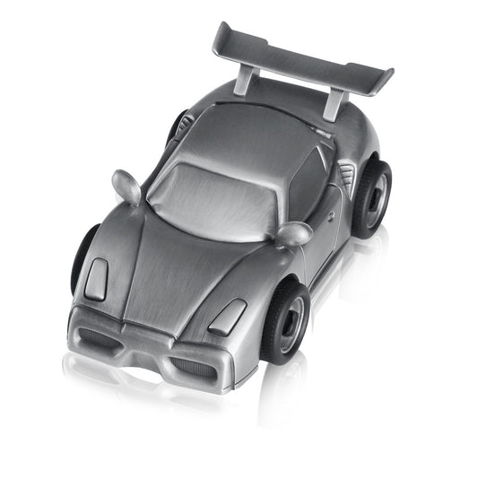 Pewter infant urn shaped as a small racing car with a matte silver-grey finish