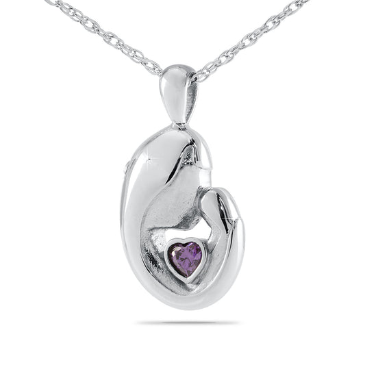 Stainless steel pendant with a purple stone set into the middle of a polished face