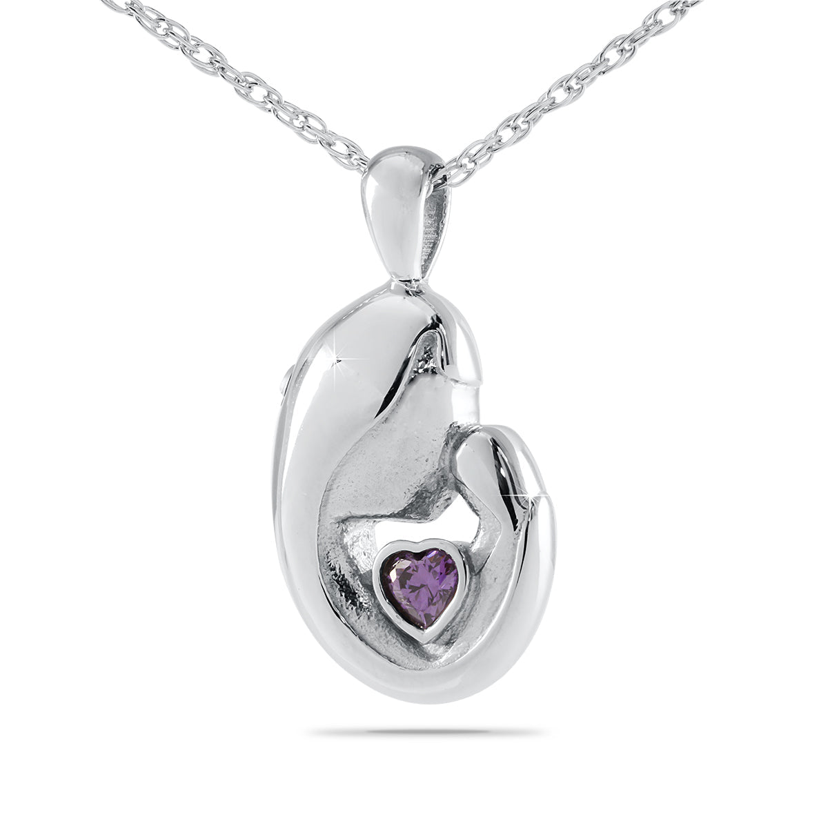 Silver cremation pendant set with a round purple stone, hanging from a matching silver chain