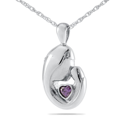 Silver cremation pendant set with a round purple stone, hanging from a matching silver chain