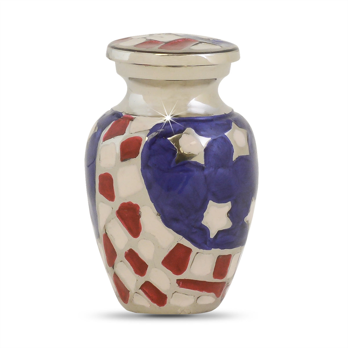 Small brass keepsake urn three inches tall with a patriotic design on the front