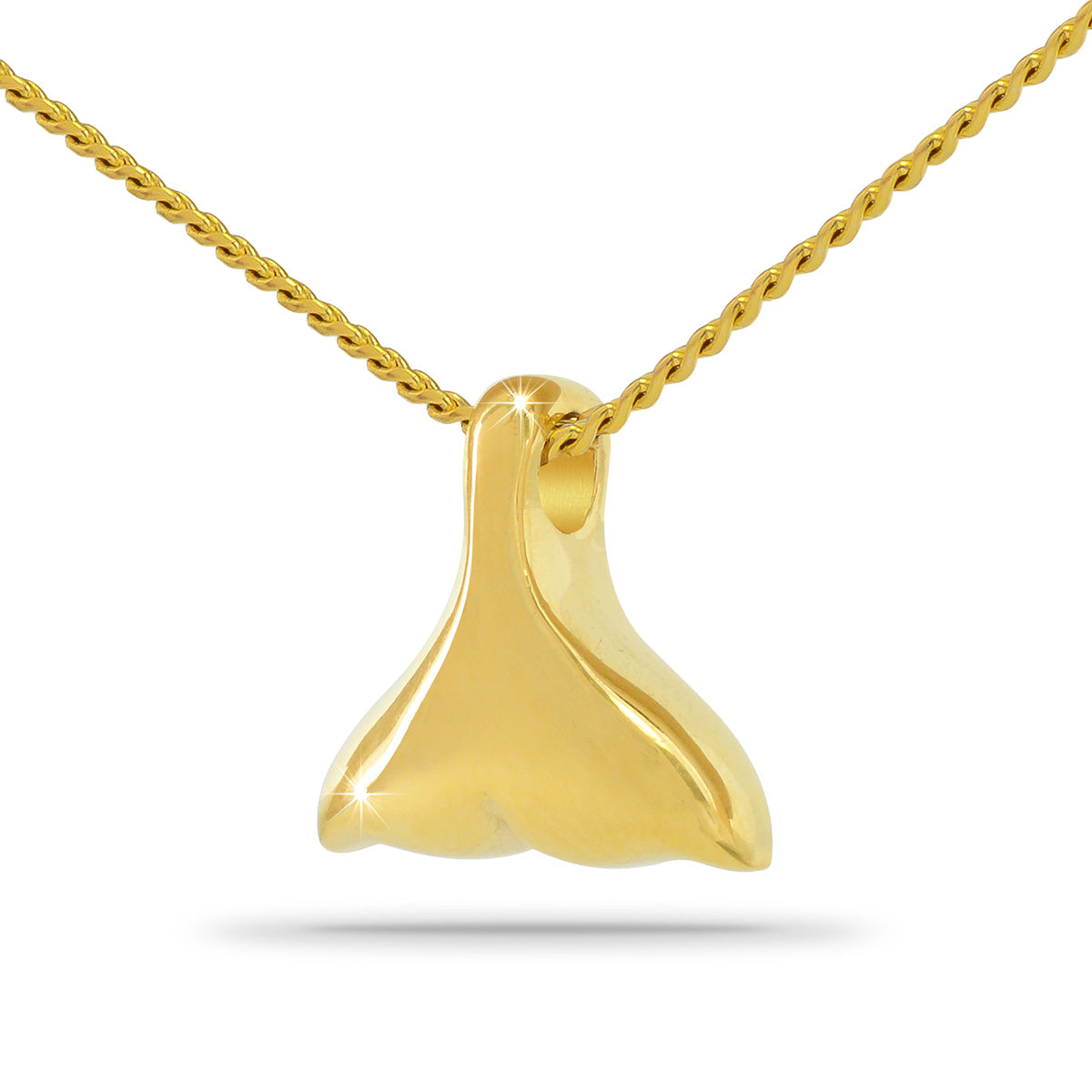 Gold-toned steel keepsake urn shaped like a whale's tail rising from a wave