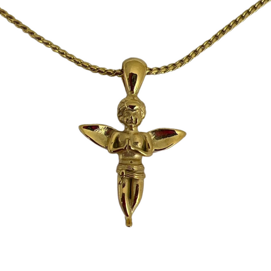 Gold-finished steel cremation pendant shaped as a standing angel figure