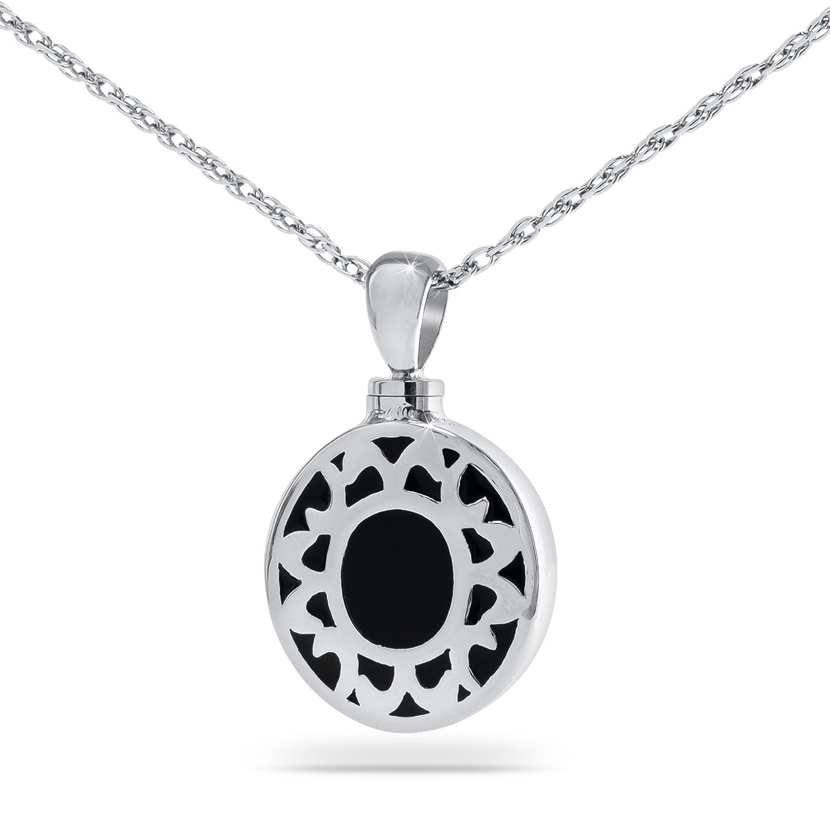 Stainless steel cremation pendant shaped as a smooth open circle on a chain