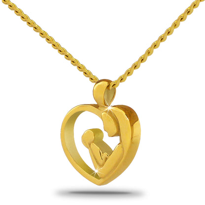 Gold-toned steel pendant showing a mother cradling a child in a curved outline