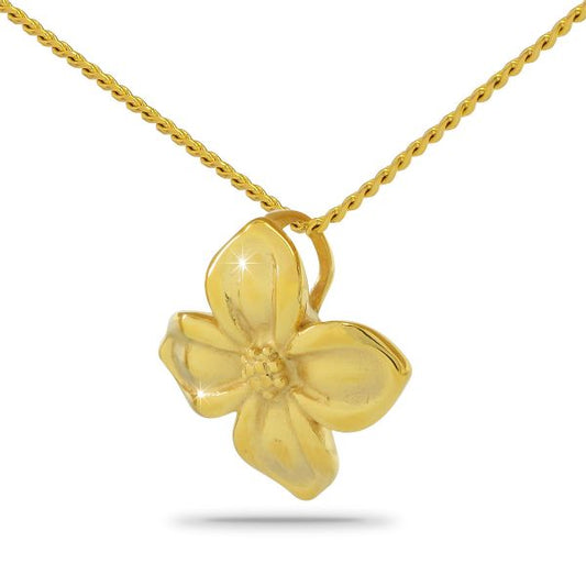 Gold-toned steel pendant urn with a small raised flower on the polished front face