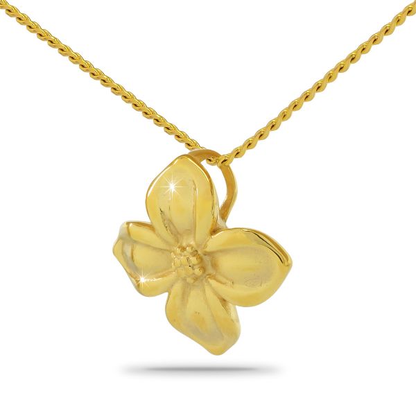 Gold-toned steel pendant urn with a small raised flower on the polished front face