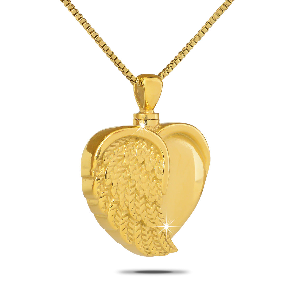 Gold-toned steel heart pendant with veined leaf detailing across the front face