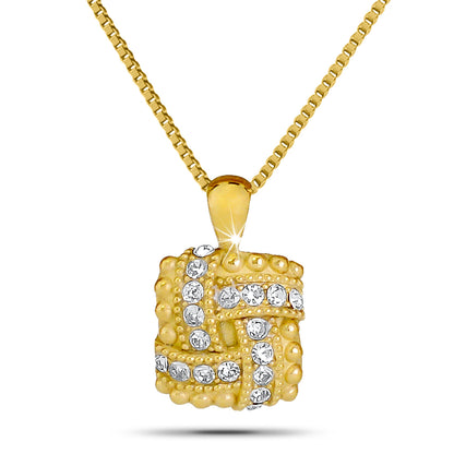 Cremation pendant with a white stone set in gold-finished steel, about an inch tall