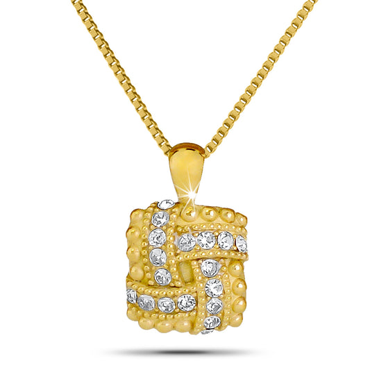 Cremation pendant with a white stone set in gold-finished steel, about an inch tall