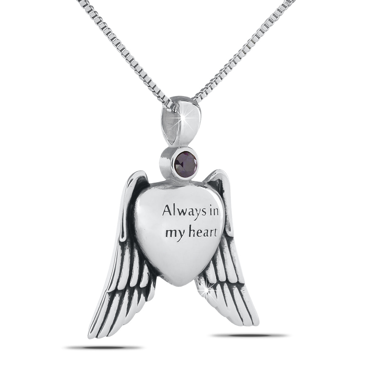 Silver angel wing pendant curved around a purple crystal, under an inch wide