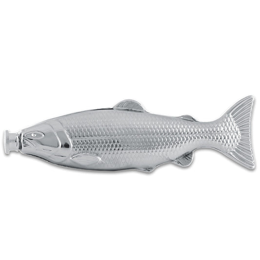 Brass keepsake urn cast in the shape of a fish, lying horizontally on its side