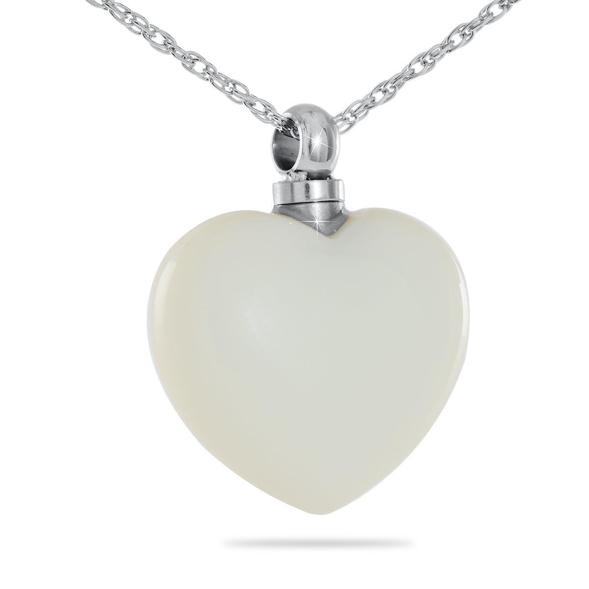 White artisan glass heart pendant on a chain, with swirls suspended inside clear glass