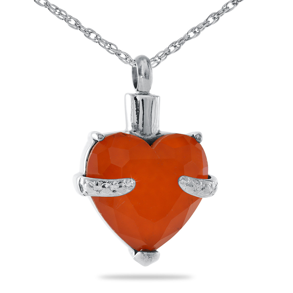 Heart pendant with orange glass centre set in a polished stainless steel frame