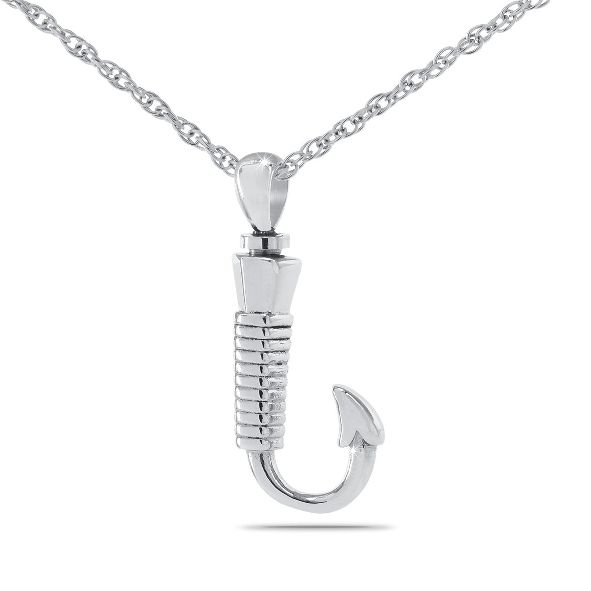 Stainless steel fishing hook pendant with barb and eye, hanging point down, polished shank