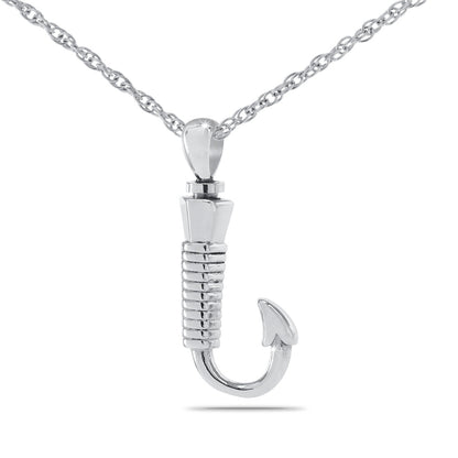 Stainless steel fishing hook pendant with barb and eye, hanging point down, polished shank