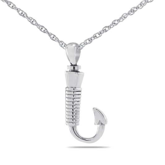 Stainless steel fishing hook pendant with barb and eye, hanging point down, polished shank