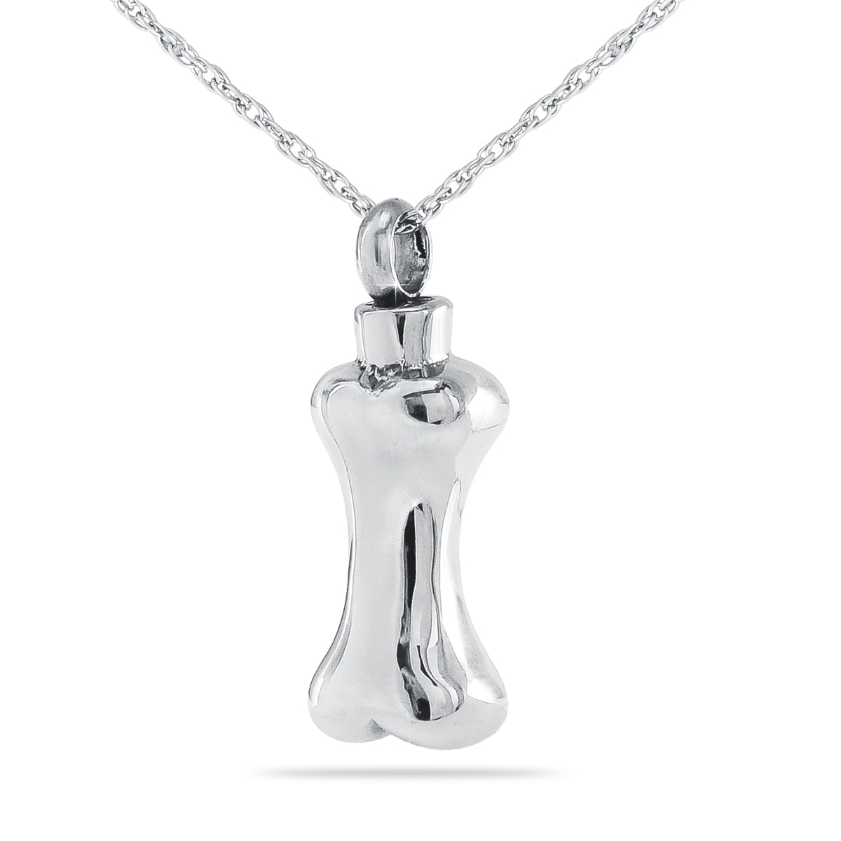 Polished stainless steel dog bone shaped keepsake pendant with a small threaded opening