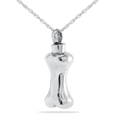 Polished stainless steel dog bone shaped keepsake pendant with a small threaded opening