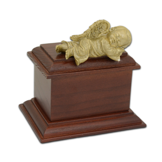 Small gold-finished infant urn with a rounded body and a plain base plate