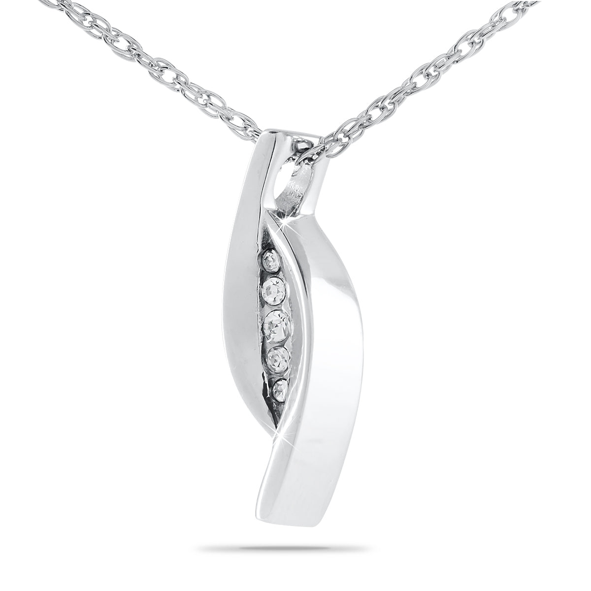 Stainless steel slide pendant with scrollwork across the face and the chain passing behind