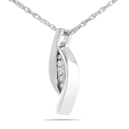 Stainless steel slide pendant with scrollwork across the face and the chain passing behind