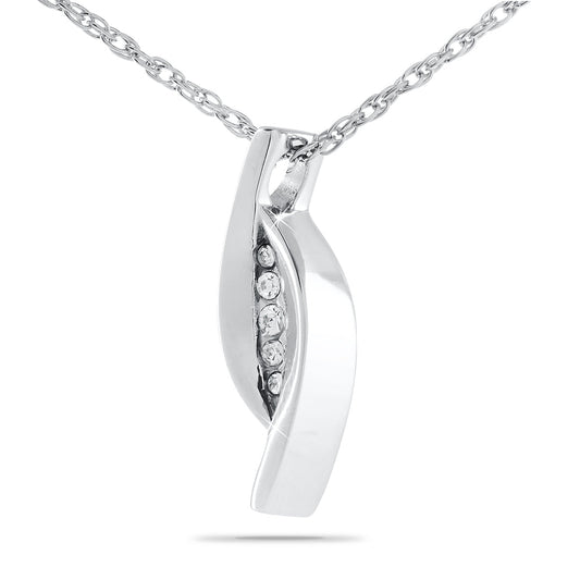 Stainless steel slide pendant with scrollwork across the face and the chain passing behind